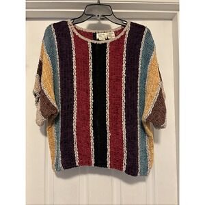 Vtg 80's Chenille Striped Colorful Short Sleeve Knit Crochet Artsy Boho Top M